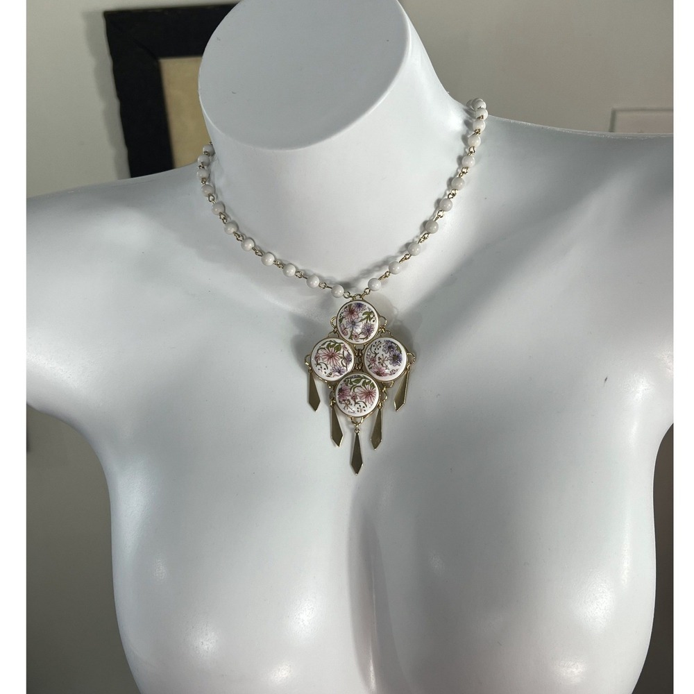 Vintage Floral Porcelain Pendant Layered Necklace